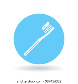 Brush teeth icon. Toothbrush with toothpaste sign. Dental care symbol. White icon on blue circle background. Vector illustration.