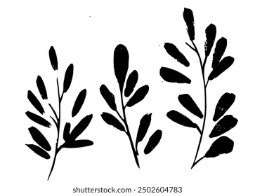 brush texture image. black color. vector graphics. leaves stem 