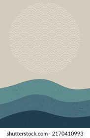 Brush texture with Japanese ocean wave pattern in vintage style. Abstract art landscape banner design with asian vector texture 