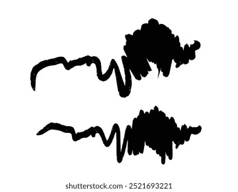 Pinseltextur, Farbspritzer, schwarze Tinte, Wellenmuster, Pinselstrichmaterial und Grunge-Pinsel. Pinselstrich einzeln auf weißem Hintergrund.