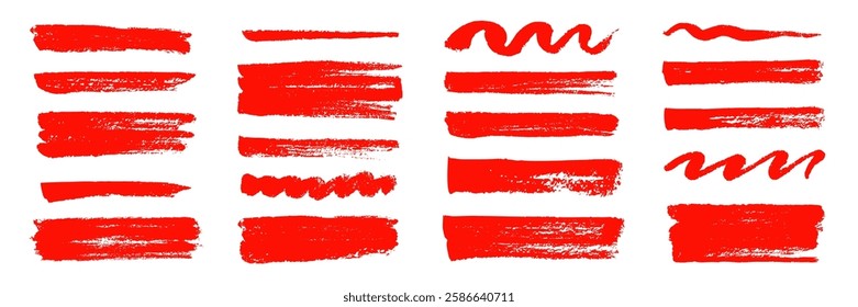 Brush texture red stroke underline highlight. Marker red pen highlight stroke. Vector hand drawn brush underline element set for accent, crayon texture emphasis effect. Chalk vector illustration