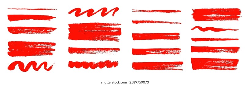 Brush texture red stroke underline highlight. Marker red pen highlight stroke. Vector hand drawn brush underline element set for accent, crayon texture emphasis effect. Chalk vector illustration