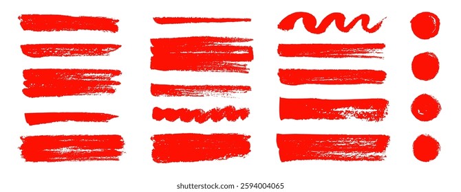 Brush texture red stroke underline highlight. Marker red pen highlight stroke. Vector hand drawn brush underline element set for accent, crayon texture emphasis effect. Chalk vector illustration