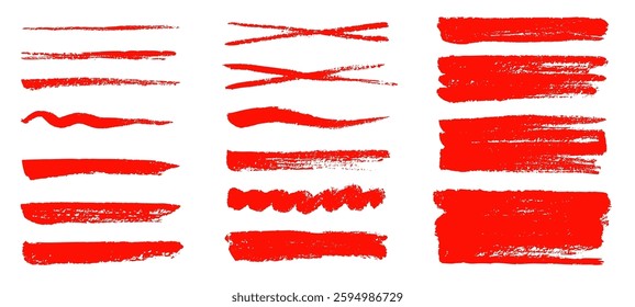 Brush texture red stroke underline highlight. Marker red pen highlight stroke. Vector hand drawn brush underline element set for accent, crayon texture emphasis effect. Chalk vector illustration