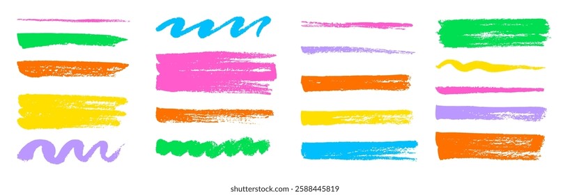 Brush texture stroke pencil color underline highlight. Marker pen highlight stroke. Vector hand drawn brush underline element set for accent, crayon texture emphasis effect. Chalk vector illustration