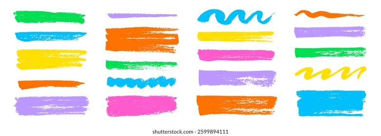 Brush texture stroke pencil color underline highlight. Marker pen highlight stroke. Vector hand drawn brush underline element set for accent, crayon texture emphasis effect. Chalk vector illustration