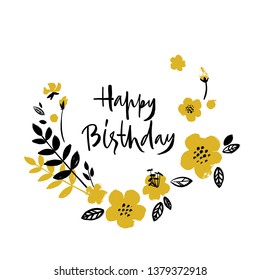 Brush textured flower birthday card. Bright yellow and black on white