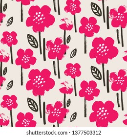 Brush textured flower pattern. Bright pink and black on beige 