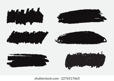 Brush thick line of stroke bundles. Vector brush set. Text box frames and grunge patches.Splatters design elements. Charcoal shape