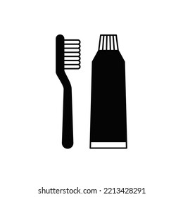 brush and toothpaste icon in black flat glyph, filled style isolated on white background
