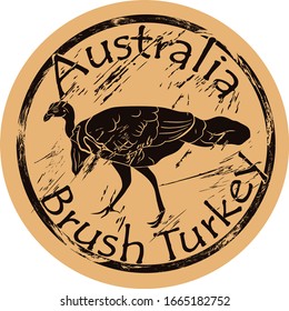 Brush turkey bird silhouette icon round shabby emblem design old retro style. Australian Brush-turkey in full growth logo mail stamp on craft paper grunge sign. Cuvier's brushturkey. Fauna Australia.