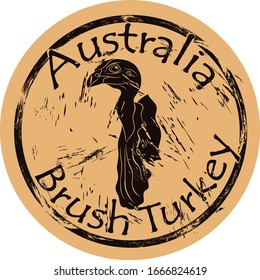 Brush turkey bird silhouette icon round shabby emblem design old retro style. Australian Brush-turkey head logo mail stamp on craft paper vintage grunge sign. Cuvier's brushturkey. Fauna Australia.