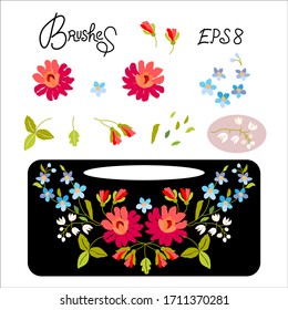 Brush vector flowers leaves, pick up your flower yourself, drawing for embroidery, bag with folk embroidery, constructor separate objects for your project EPS8