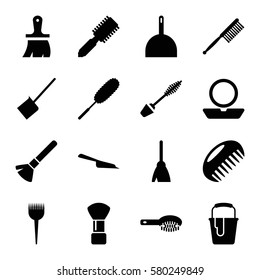 brush vector icons. Set of 16 brush filled icons such as comb, barber brush, powder, mascara, broom, dustpan