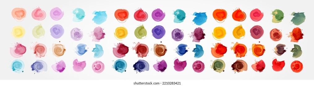 Brush Watercolor splashes. Set of watercolor stains. Paint spots. full color. pastel color, set of abstract splashes paint brush of colorful multicolored watercolor on white paper