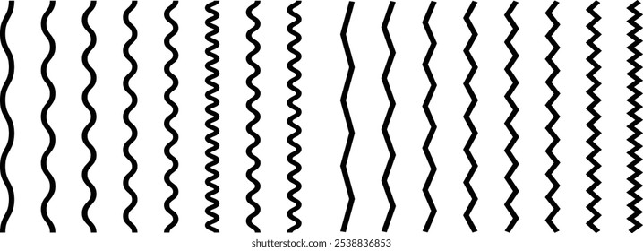 Pinsel Wellenlinie und wellenförmige Zickzacklinien. Schwarze gebogene Linien Muster in abstraktem Stil. Horizontales geometrisches Dekorelement. Vektorgrafik.