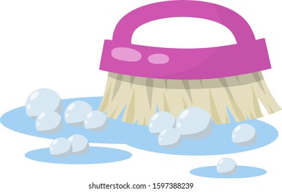 Brush for wet house cleaning and sweeping. item for combing horse. Cartoon flat illustration. Object for homework. puddle of water with soap bubbles