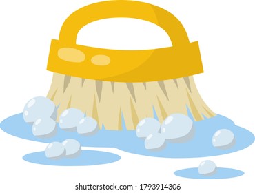 Brush for wet house cleaning and sweeping. item for combing horse. Cartoon flat illustration. Object for homework. puddle of water with soap bubbles