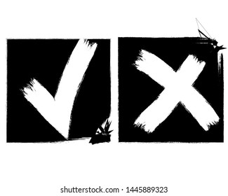 Brush white check marks. Isolated on black. Vector set. White smear tick and X in black square boxes. Stylish check marks design. Test, voting signs and symbols.