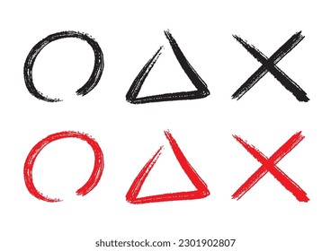 Brush writing circles, triangles and cross marks (black and red)