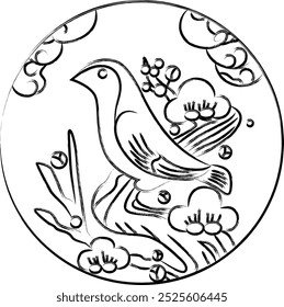 Brush writing circular hanafuda: nightingale, Kisaragi, plum, February, plum and nightingale