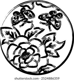 Brush writing circular simple hanafuda, Minazuki, peony, butterfly, June, peony and butterfly