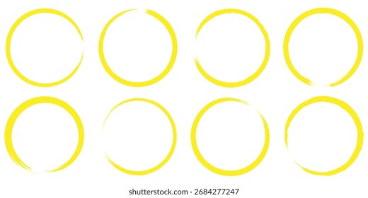 Brush yellow stroke circle frame, hand drawn rough scribble texture effect yellow circle, grunge crayon stamp. vector brush strokes circles of paint. grunge ink brush strokes set. eps 10