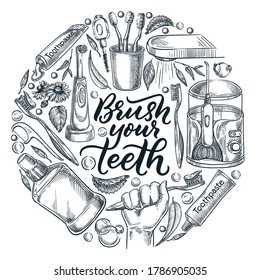 Brush your teeth calligraphy lettering poster, banner, or label design template. Vector sketch illustration of toothbrush in hand and toothpaste. Dental personal hygiene concept