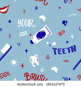 Brush your teeth cute seamless pattern with abstract elements. Decorated with dental elements. Dental, dentist, hygiene, medical, health, tooth, teeth, oral, mouth, care, stomatology, medical care.