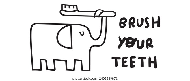Cepíllate los dientes. Elefante con cepillo de dientes. Higiene dental para los niños. Ilustración vectorial de contorno plano sobre fondo blanco. 