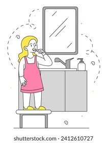 Lávese los dientes a la chica lineal. Niño con cepillo de dientes parado cerca del espejo. Higiene oral y atención dental. Rutina matutina. Ilustración del vector plano Doodle aislada en fondo blanco