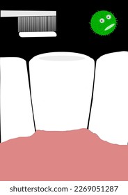 Cepíllate los dientes y mantiene a los gérmenes (verdes) del monstruo alejados para conseguir dientes sanos. vectorial para el día dental nacional para el cuidado bucal saludable. Vector o imagen para hacer que los niños se cepillen los dientes.