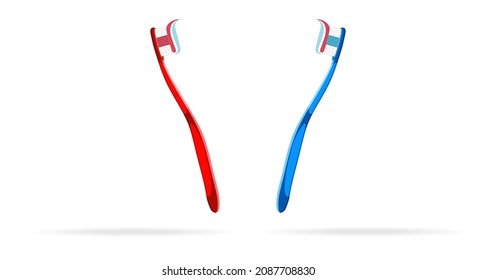 Brush your teeth, mouth, dental concept. Two red and blue toothbrushes on a white background. Copy space. Vector illustration