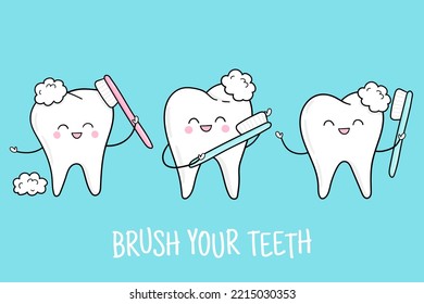 Brush your teeth. Set of cute teeth with toothbrush, toothpaste in cartoon style on blue background. Dental cute background. Illustration for children dentist cabinet, pediatric dentistry.