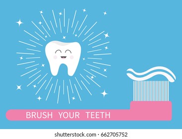 Brush your teeth. Tooth icon. Big toothbrush with toothpaste. Round line shining circle sparkle stars. Cute cartoon smiling character. Oral dental hygiene. Health care. Baby background. Flat Vector