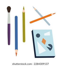 brush,colored pencils and sketchbook.isolated objects for drawing in vector.