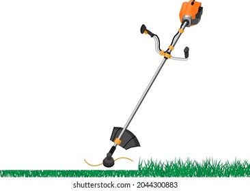 Brushcutter, vector concept, isolated on a white background. Hand lawn mover for grass trimming.