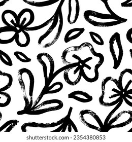 Brush-drawn daisies flowers seamless pattern. Hand drawn vector bold flowers in naive or grunge style. Creative contemporary abstract organic background. Camomile, daisy and poppy motif. 