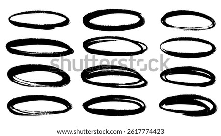 Brush-drawn ellipses, ovals, and bubbles to highlight text. Hand-drawn marker and crayon circles. Doodle-style geometric outline shapes. Vector ink elements for emphasis.