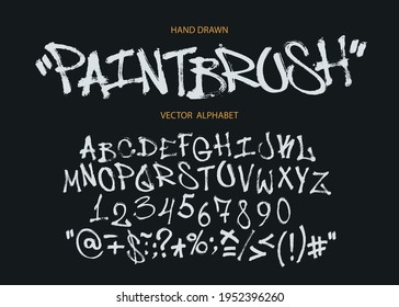 Brush-drawn font. Handwritten alphabet, numbers and signs. Vector illustration