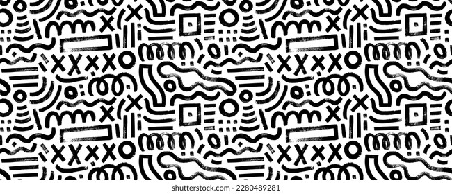 Brush-drawn geometric seamless pattern. Primitive scratchy texture with dots, stripes and waves. Vector abstract doodle background. Simple childish scribble wallpaper. Trendy design with basic shapes.