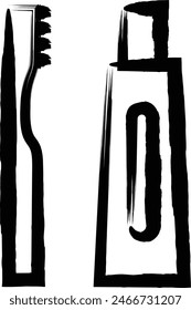 Brush-drawn single icons of items necessary for disaster prevention: toothbrush, toothpaste