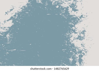Brushed blue paint cover. Empty aging design element. Grunge rough dirty background. Overlay aged grainy messy template. Distress urban used texture. Renovate wall frame grimy backdrop. EPS10 vector