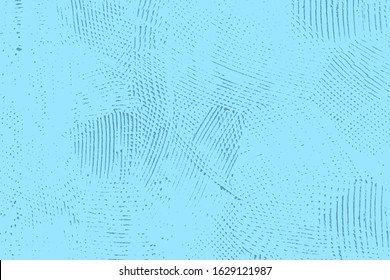 Brushed blue paint cover. Empty aging design element. Grunge rough dirty background. Overlay aged grainy messy template. Distress urban used texture. Renovate wall frame grimy backdrop. EPS10 vector