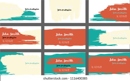 Brushed Business Cards Vector Template Collection. Branding Paint Brush Strokes Banners Set. Creative Modern Grungy Retro Graphic Ads Backgrounds. Elegant Strokes Business Cards Vector Template.