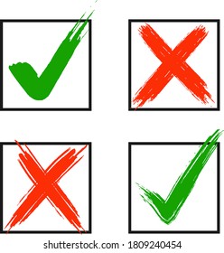 Brushed check mark and cross set vector.