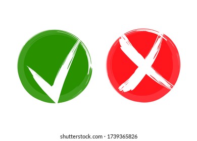 Brushed check marks set. Bright test signs isolated on white. Red cross and green tick symbols in round check boxes. Hand paint elements. Vector voting marks set. Grunge ink vector buttons for vote.