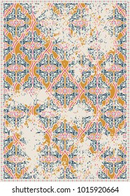 Brushed decorated rhombs mustard vector framed design. Geometric rough carpet background.