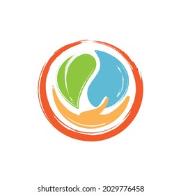 brushed drop water leaf on hand in circle logo icon
