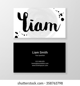 Brushed letter Liam name hand written business card template. Vector design. Editable.